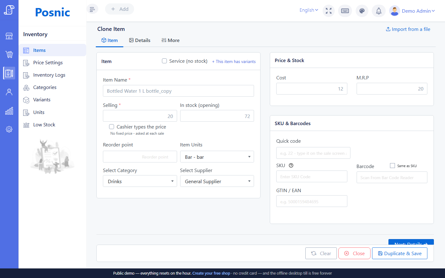 Live Posnic Clone Item form showing copied name price opening stock category supplier SKU and barcode fields with Duplicate and Save button