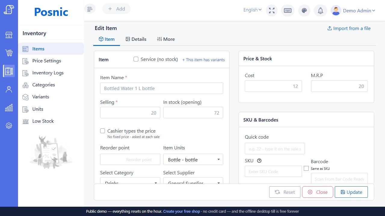 Live Posnic Edit Item form populated with name selling price stock unit category supplier cost MRP SKU barcode tax and Update button