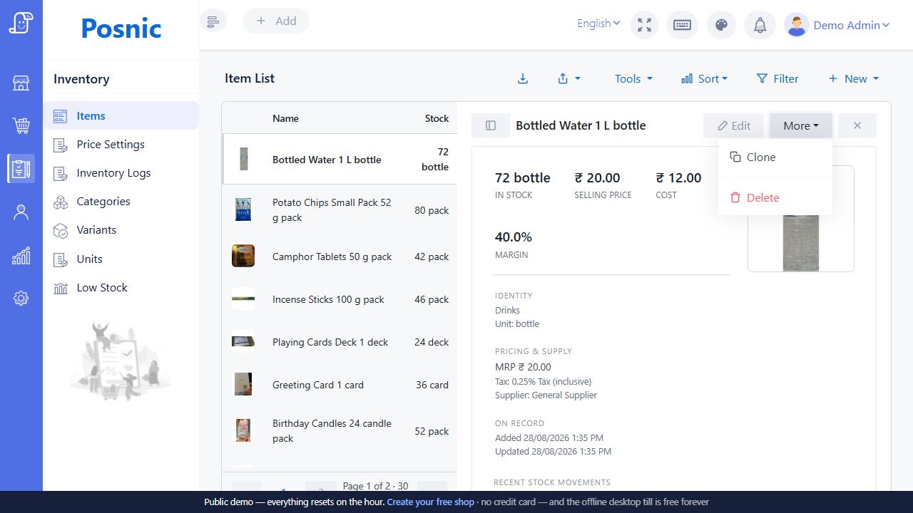 Live Posnic item detail with More menu open and Delete action visible