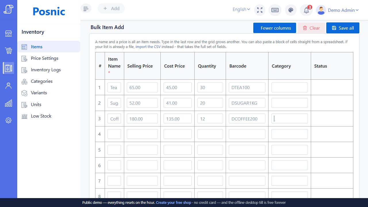 Live Posnic Bulk Item Add grid showing item name selling price cost quantity barcode category status and Save all controls