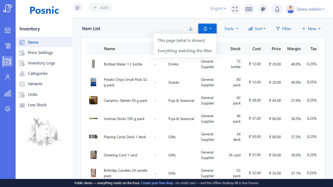 Current Posnic Item List export menu with This page what is shown and Everything matching the filter