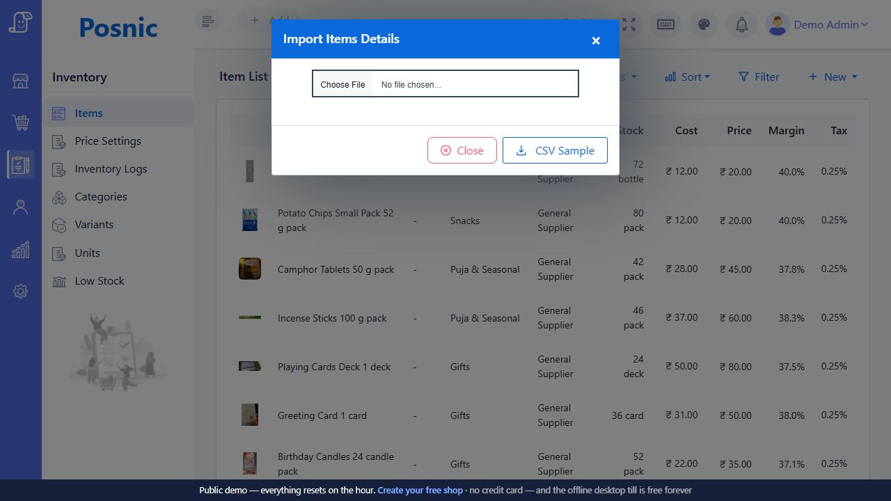 Current Posnic Import Items Details dialog with Choose File and CSV Sample controls