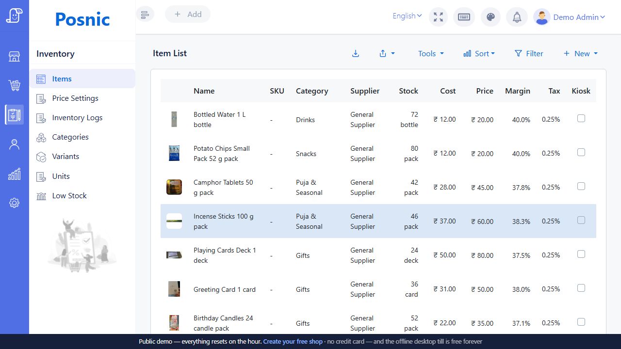 Current Posnic Item List with a Kiosk checkbox beside every product