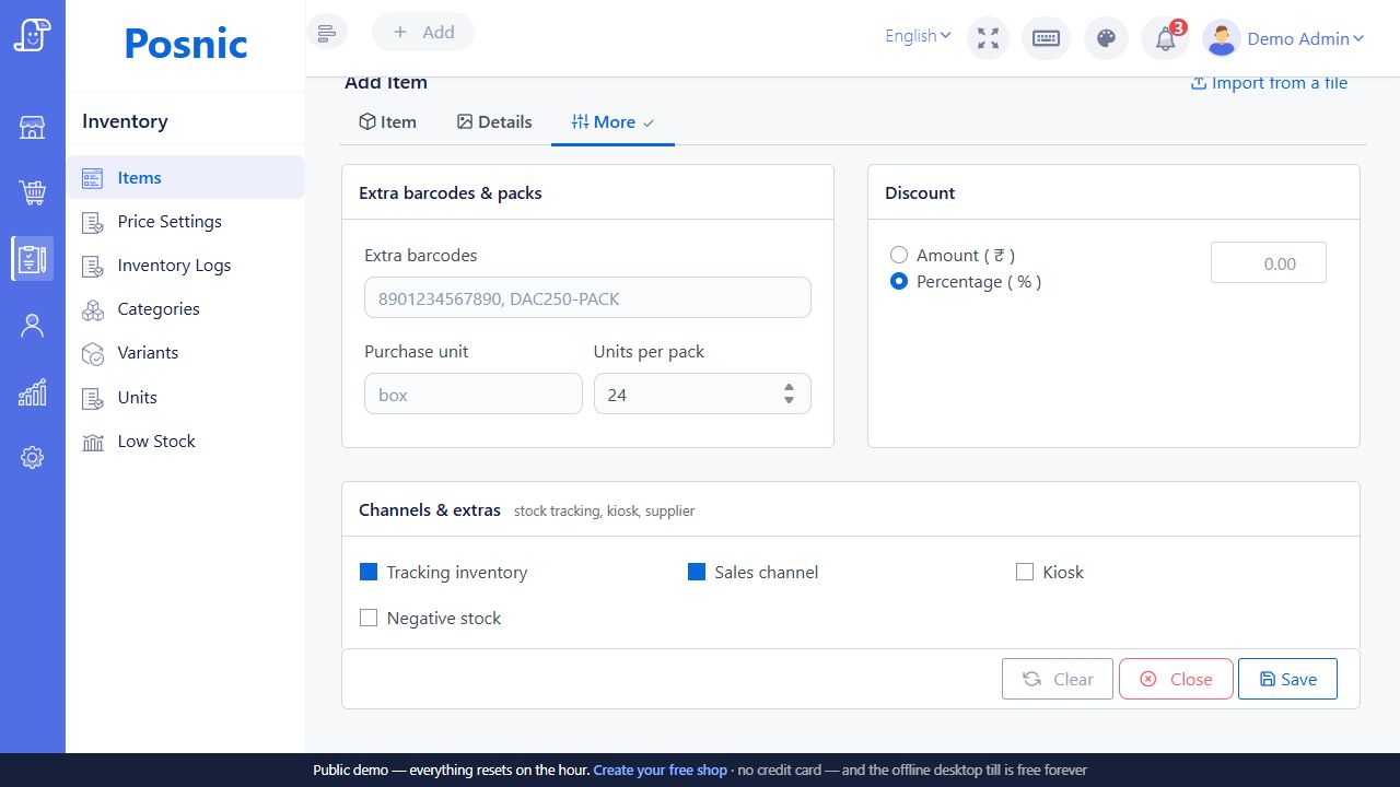 Live Posnic Add Item More tab showing extra barcodes purchase unit units per pack discount tracking sales channel kiosk and negative stock controls