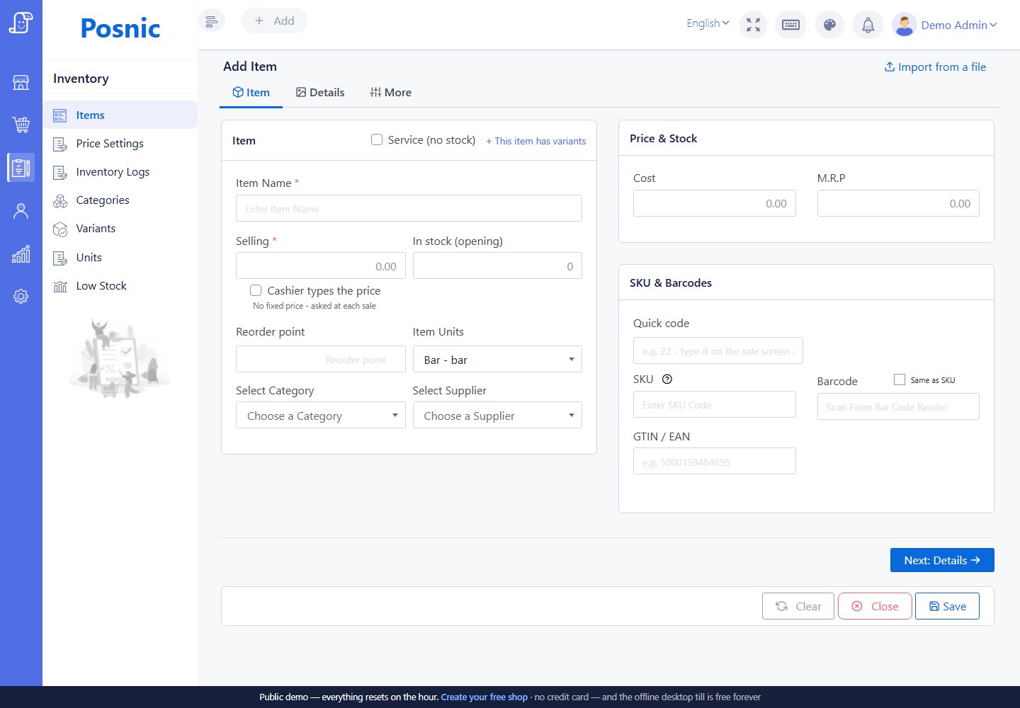 Posnic Add Item main tab with selling price SKU and barcode fields