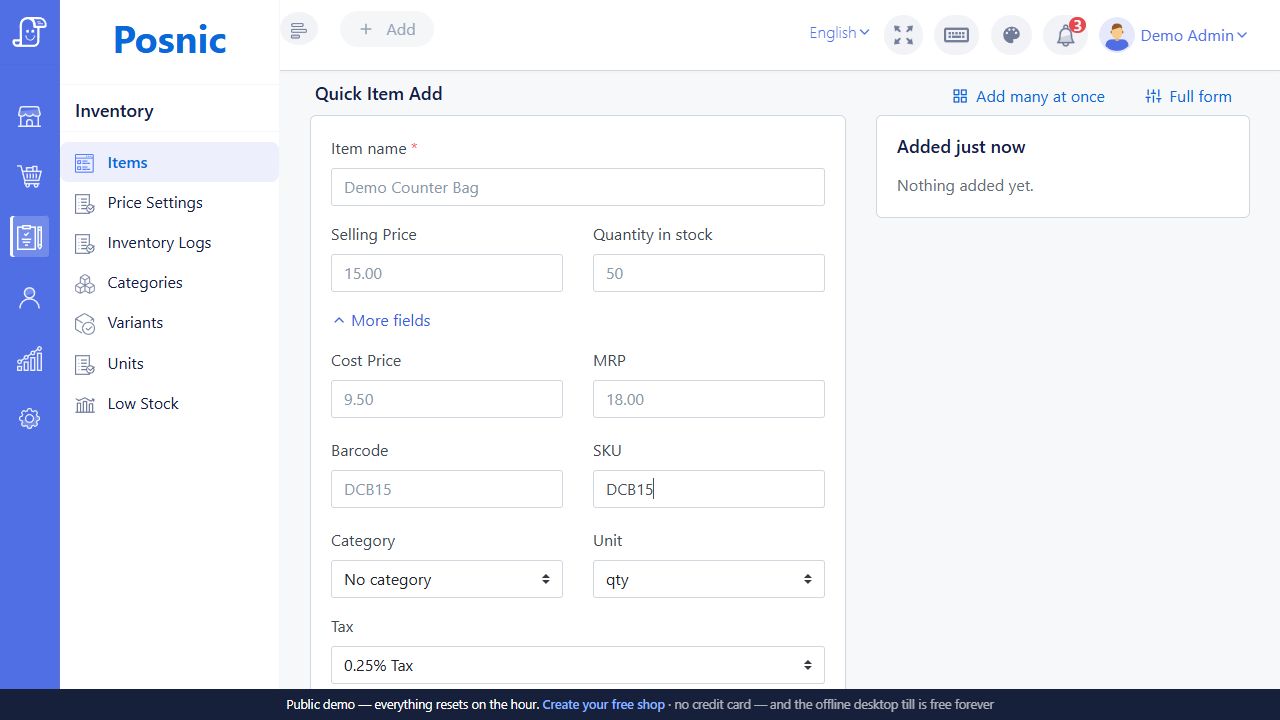 Live Posnic Quick Item Add screen filled with item name selling price quantity cost MRP barcode SKU category unit tax and inventory tracking