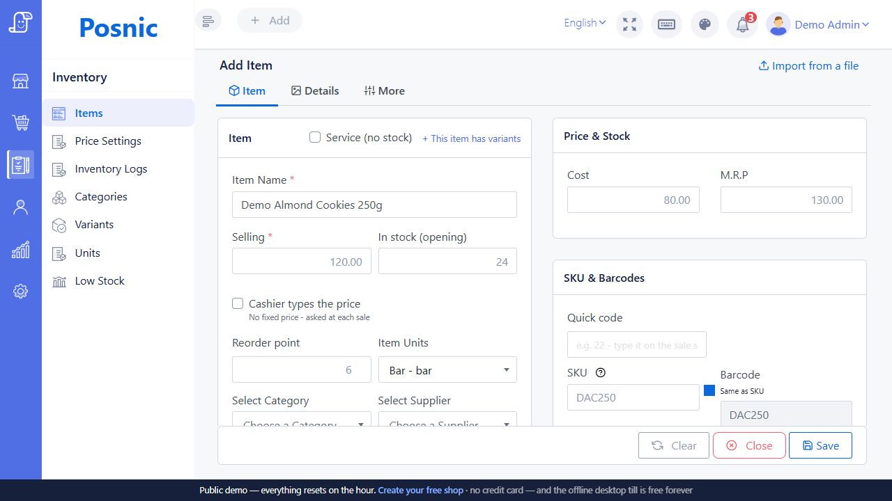 Live Create item form