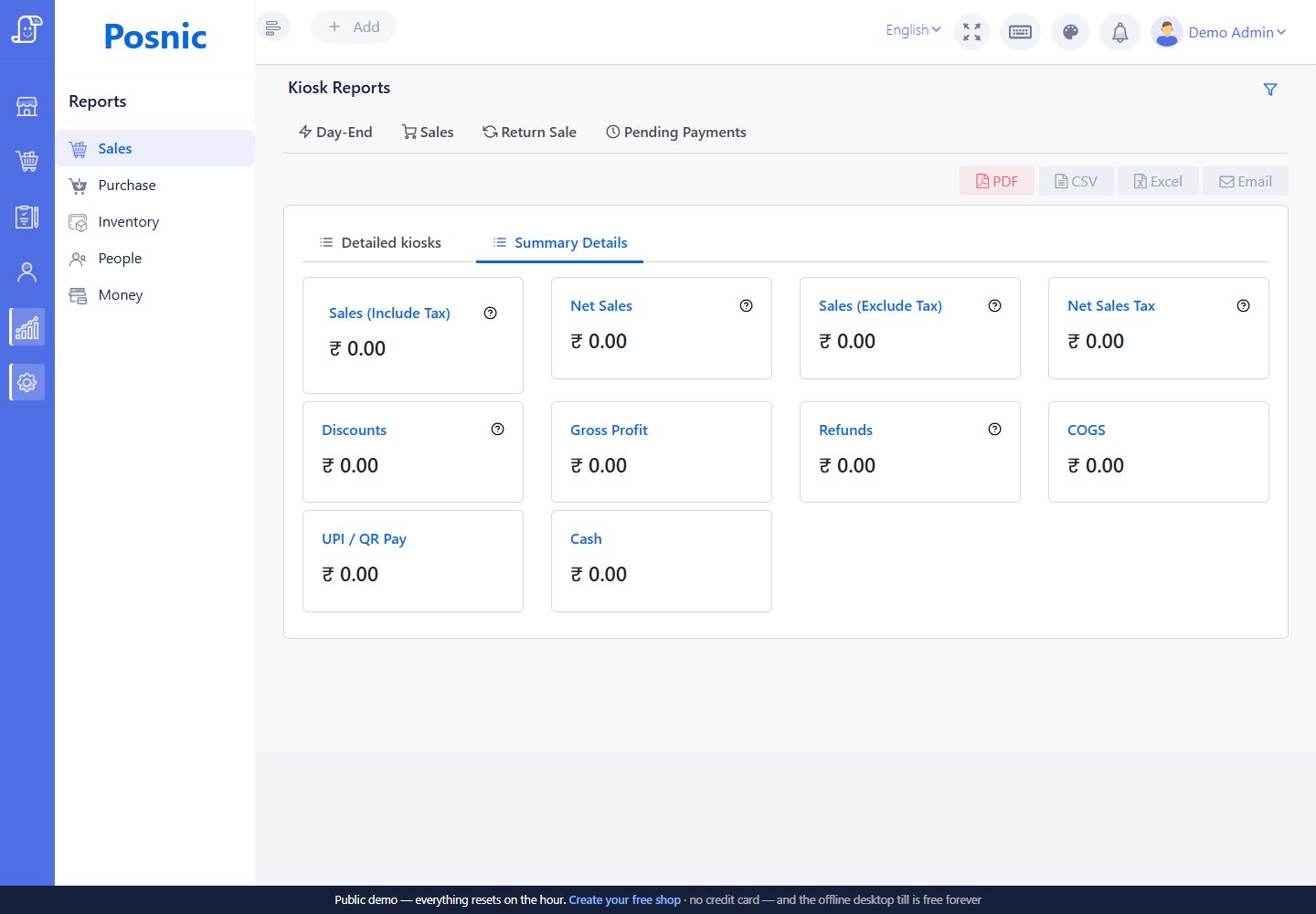 Posnic Kiosk Report summary used to reconcile kiosk payment totals