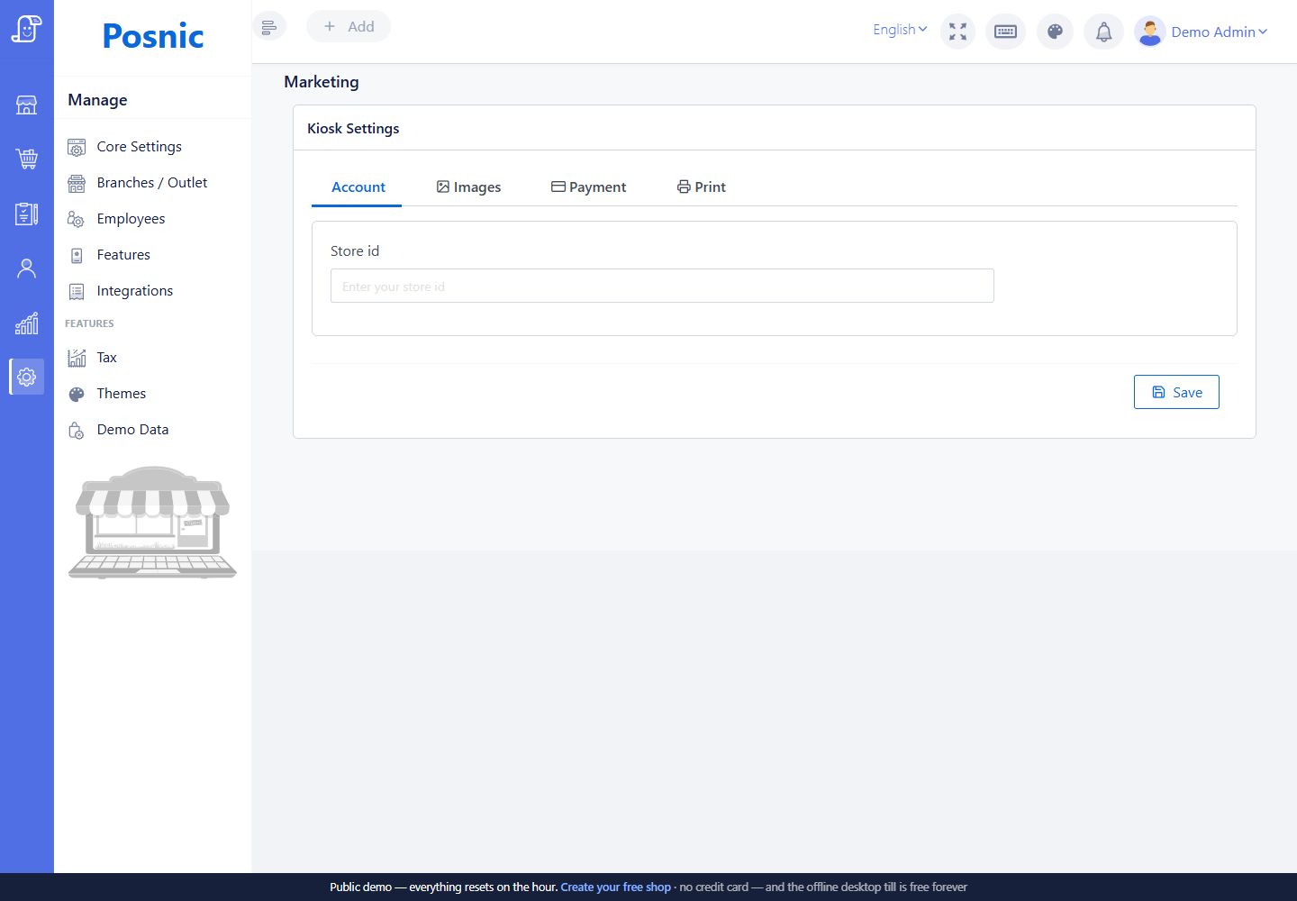 Current Posnic Kiosk Settings Account tab with the Store id field and Save button