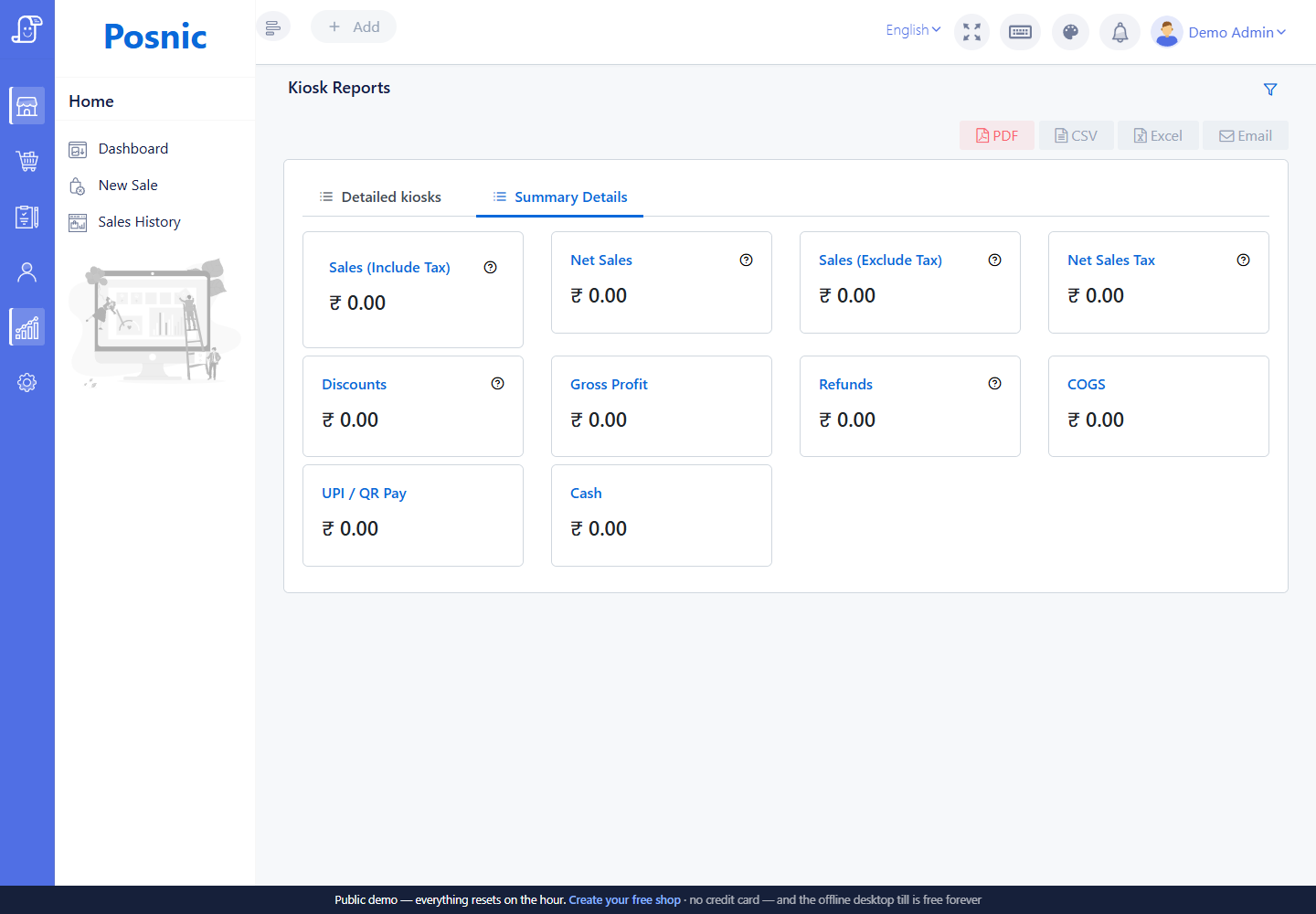 Live Posnic Kiosk Summary Details screen showing ten sales, profit, refund and payment cards