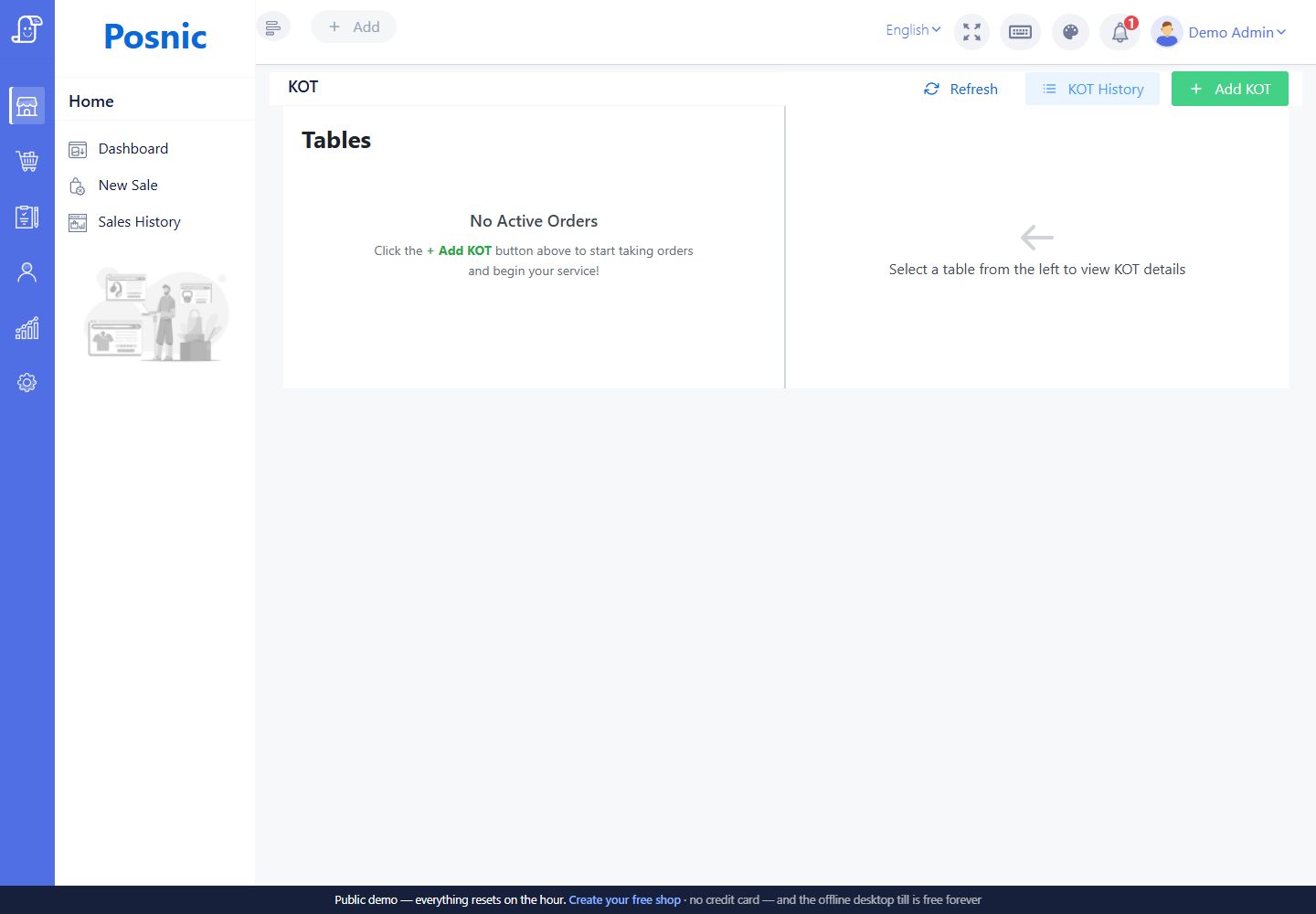 KOT dashboard showing kitchen order ticket workflow