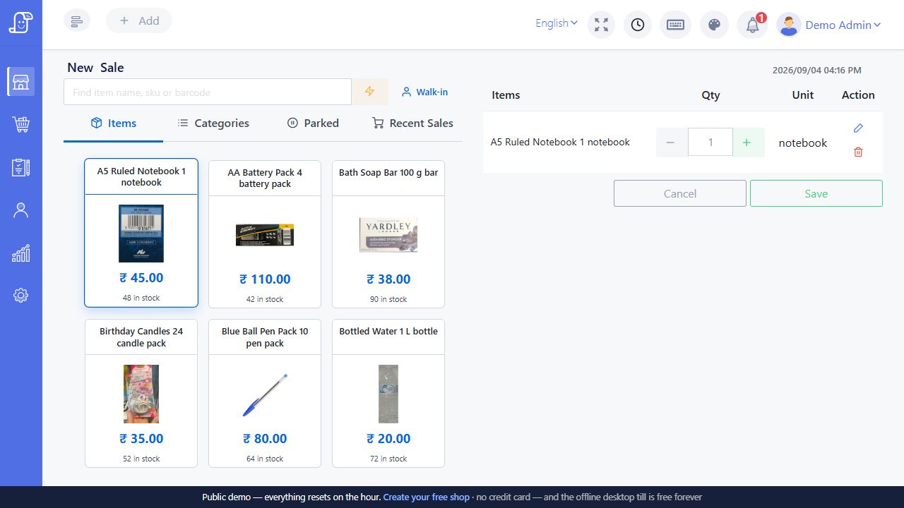 Current Posnic KOT item entry screen with product search cart and Save button