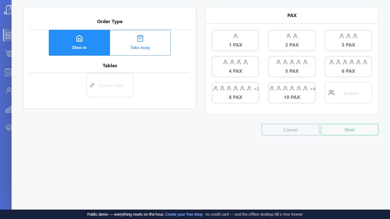 Current Posnic Add KOT panel with dine-in takeaway table and PAX controls