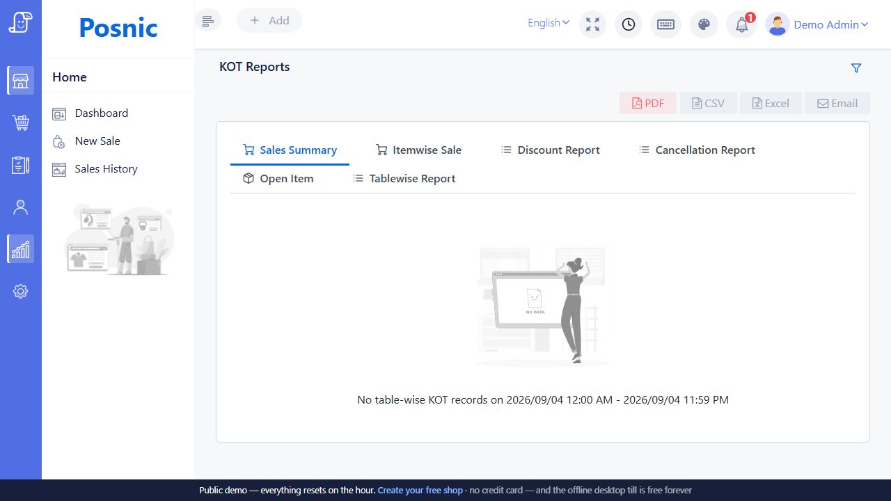 Current Posnic KOT Reports showing six report tabs and PDF CSV Excel Email exports