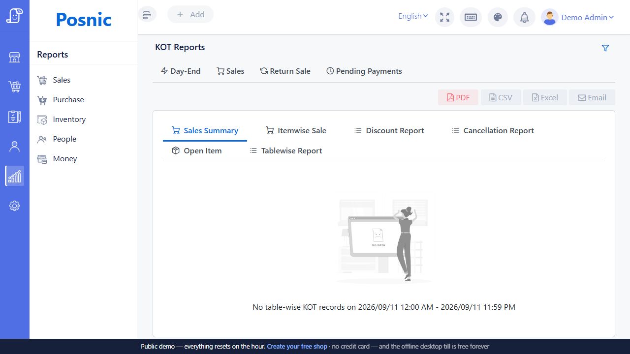 Live Posnic KOT Sales Summary tab showing no table-wise KOT records for the selected day