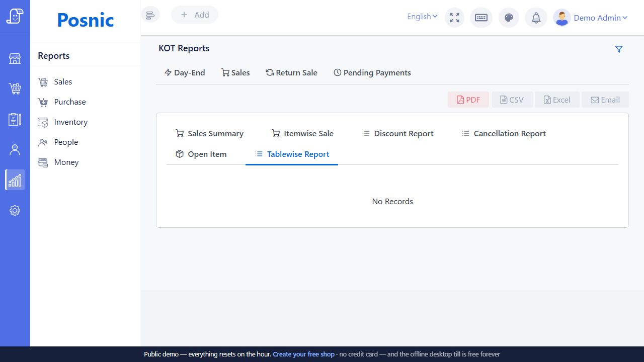 Live Posnic KOT Tablewise Report tab showing no matching table records for the selected day
