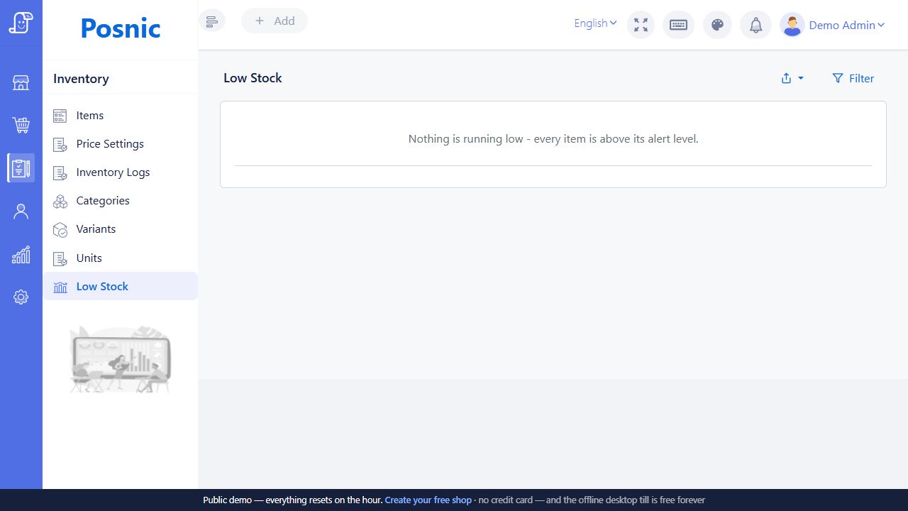 Live Posnic Low Stock page showing all items above their alert level