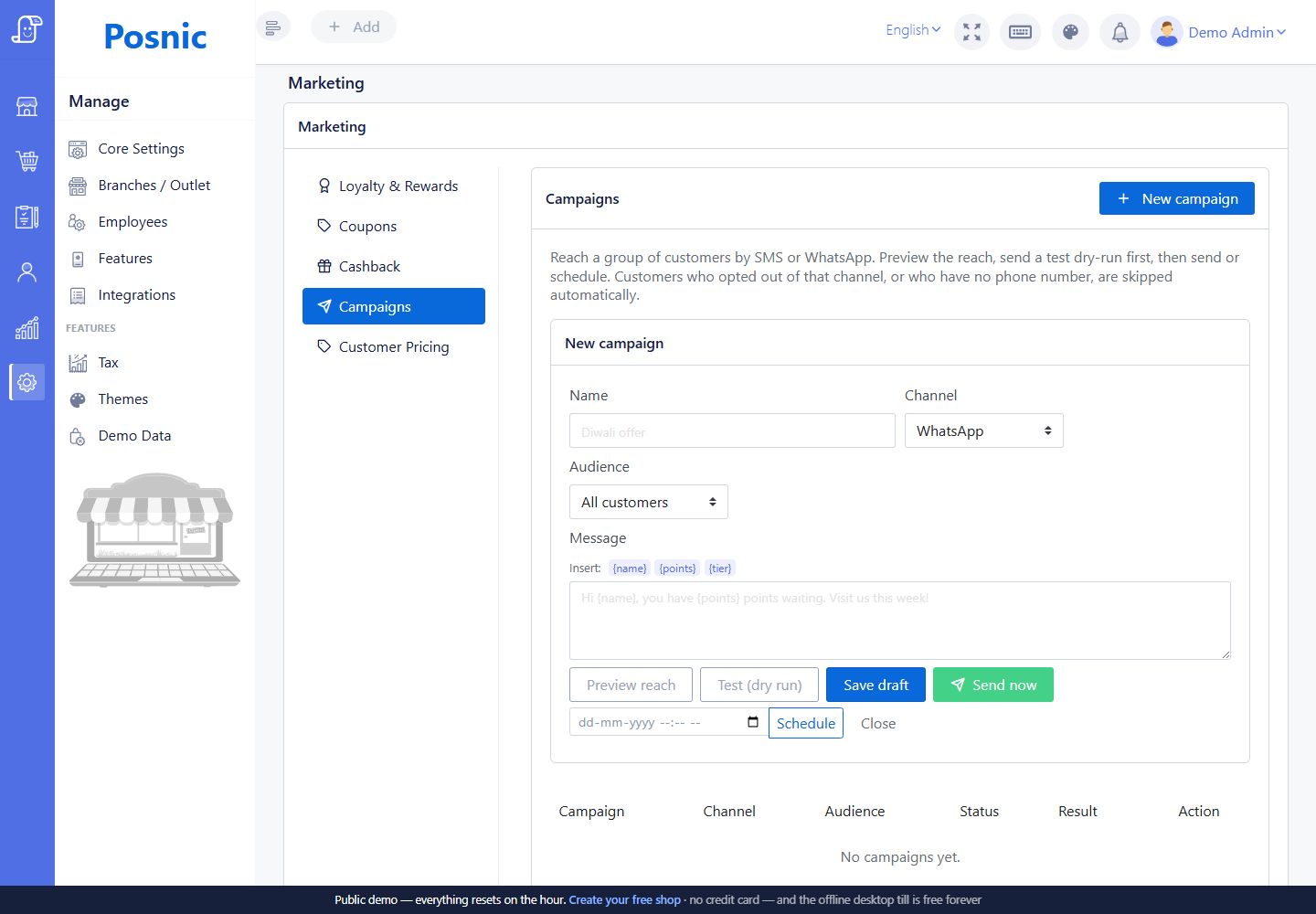 Marketing campaign form with audience channel message preview dry run send and schedule controls