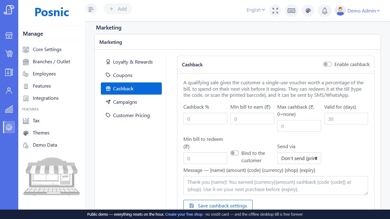 Current Posnic Cashback settings with earn threshold cap validity customer binding delivery and message template