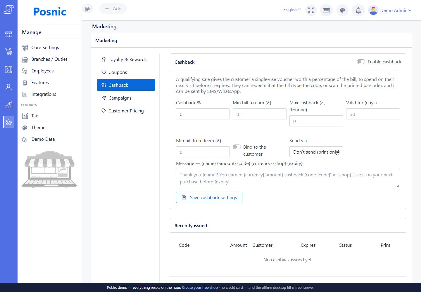 Marketing cashback settings with percent min bill max cashback validity and delivery channel