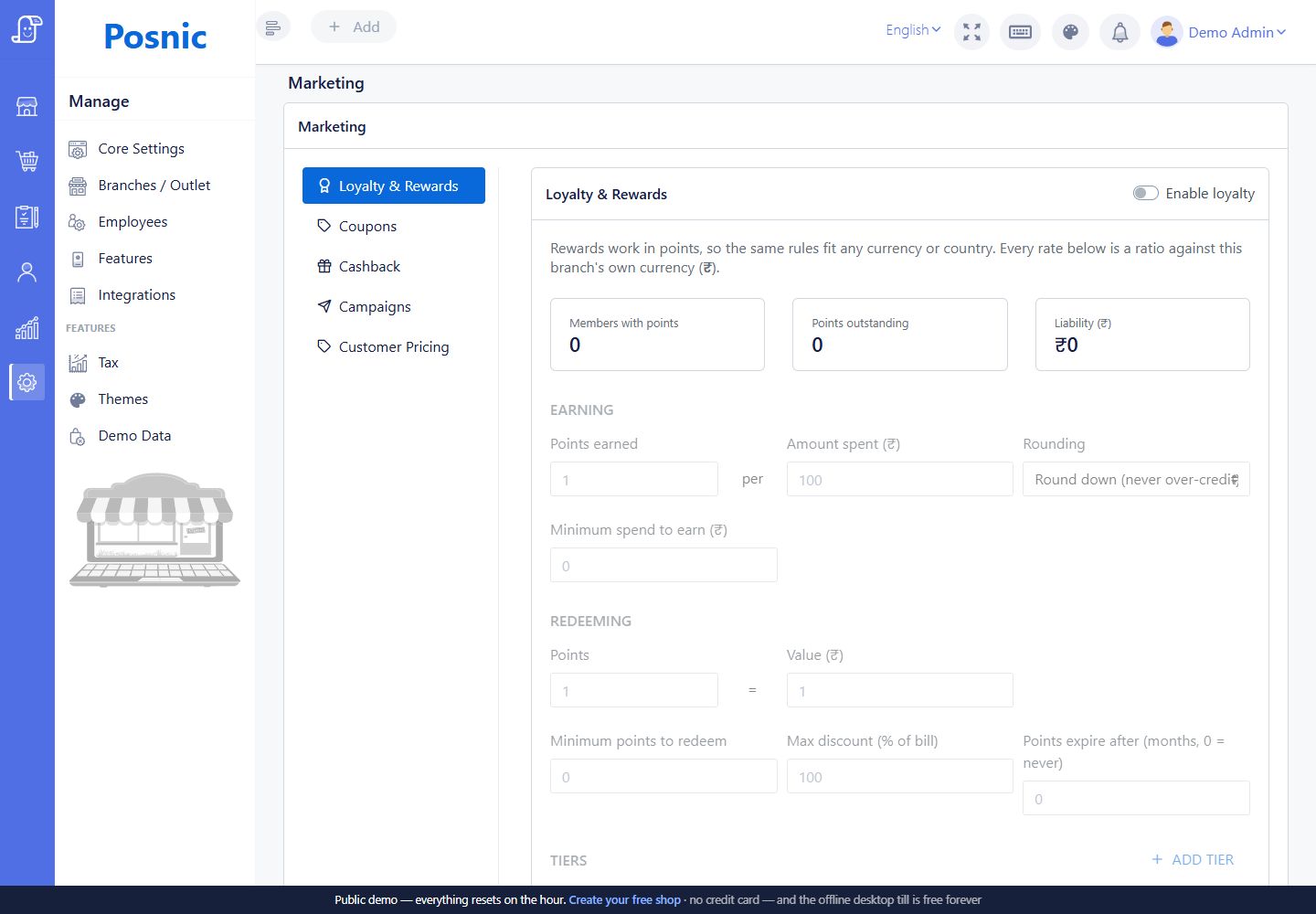 Marketing Loyalty and Rewards settings with earning redemption tiers and liability