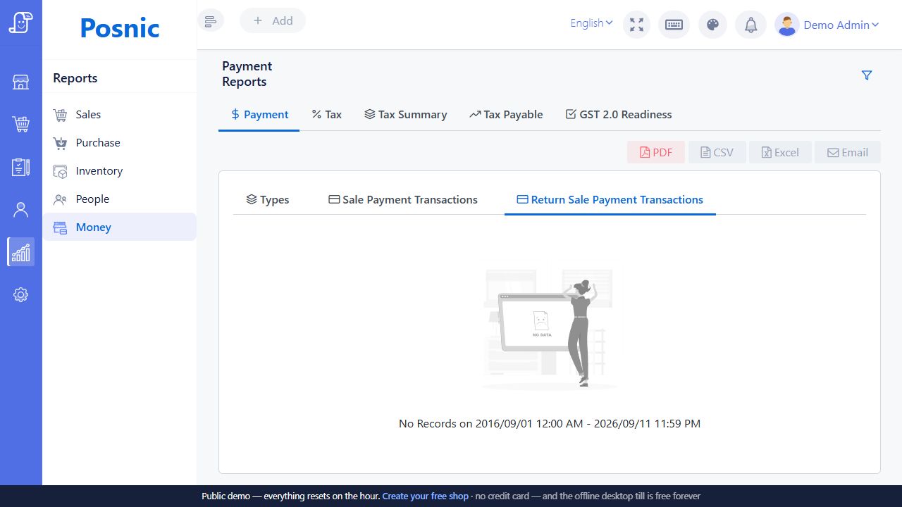 Live Posnic Return Sale Payment Transactions tab showing no matching records