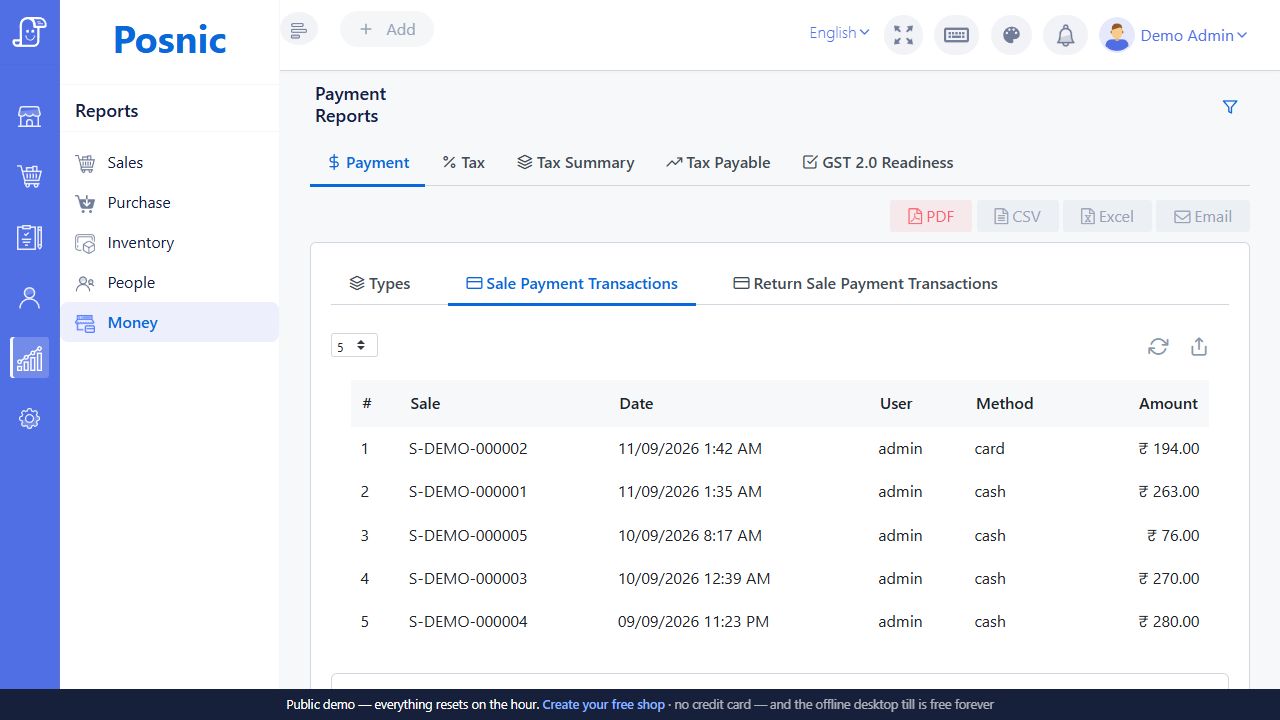 Live Posnic Sale Payment Transactions report with sale date user method and amount