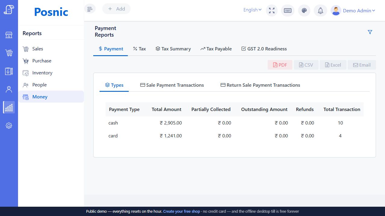 Live Posnic Payment Reports Types tab showing cash and card totals