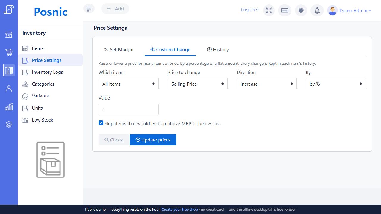 Live Posnic Price Settings Custom Change tab with scope price field direction percent or amount and safety checkbox