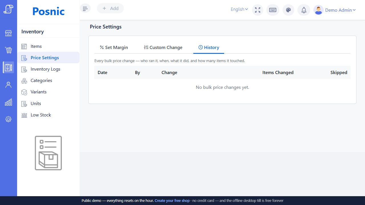 Live Posnic Price Settings History tab with date user change changed and skipped columns
