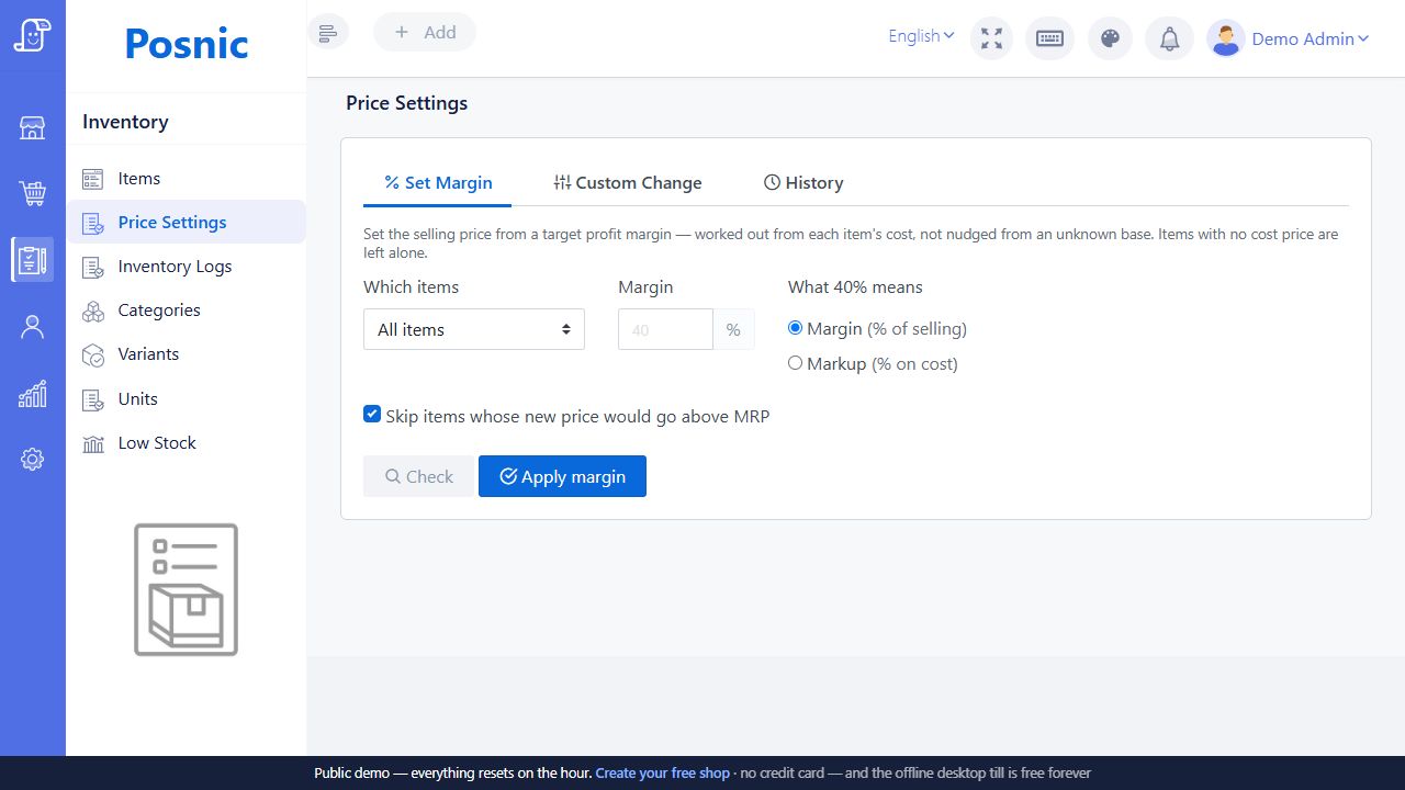 Live Posnic Price Settings Set Margin tab with item scope margin and markup modes MRP safeguard Check and Apply margin