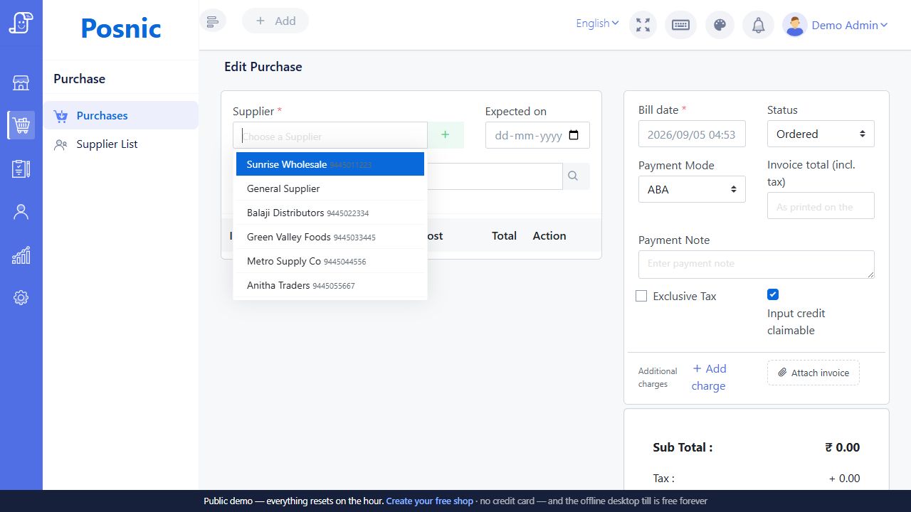 Live Posnic purchase form with an editable item line and totals