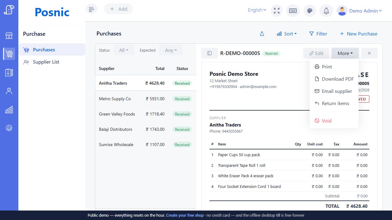 Live Posnic purchase document with More menu open and Email supplier action visible