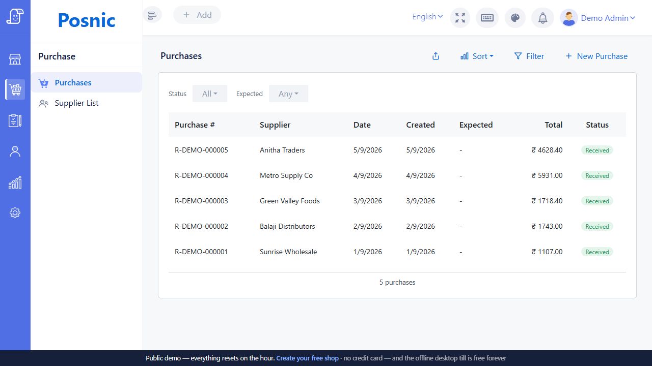 Live Posnic Purchases list with Export CSV Sort Filter and New Purchase controls