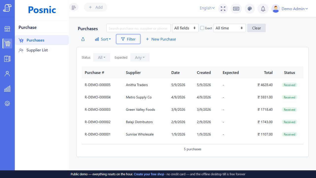 Live Posnic Purchases filter bar with search field field selector exact match date range and Clear