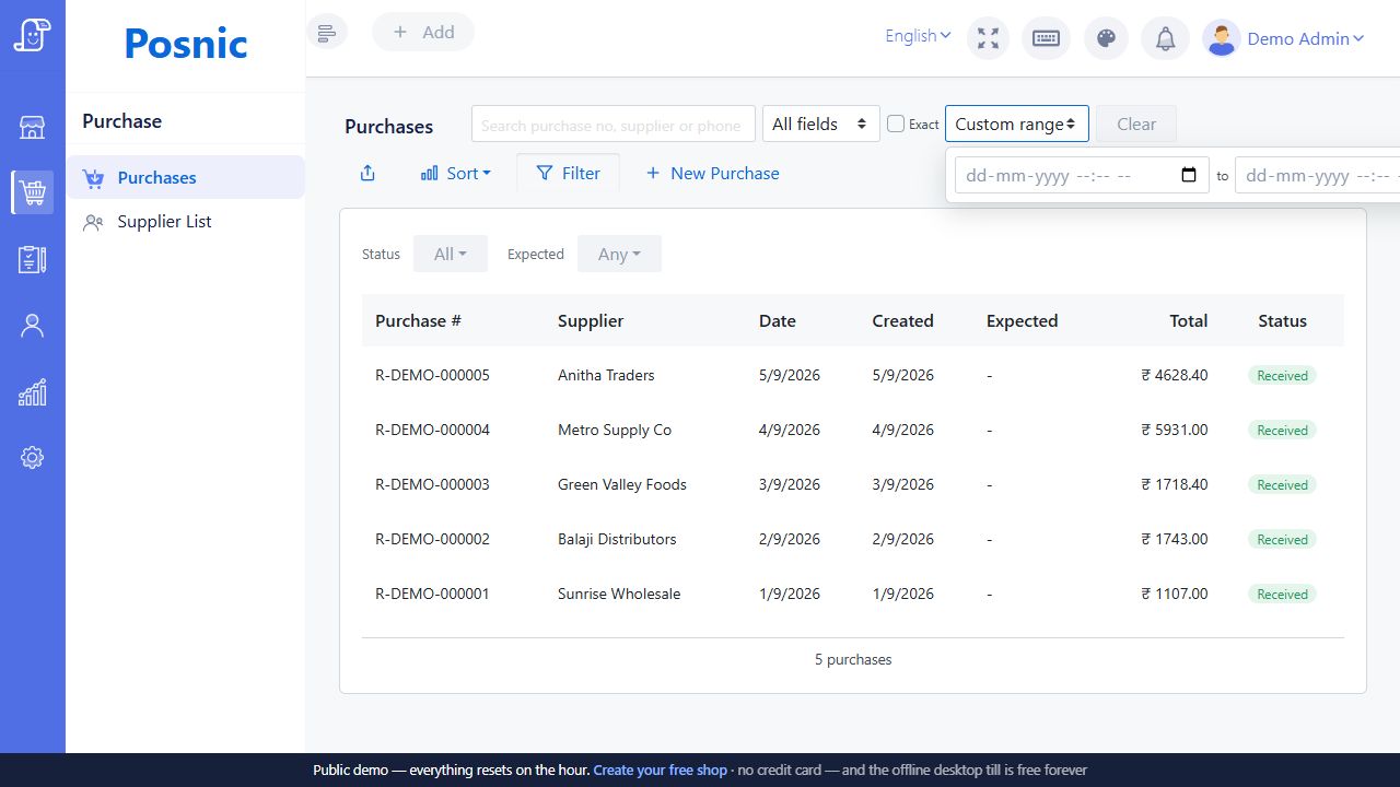 Live Posnic Purchases filter with Custom range from and to date-time fields
