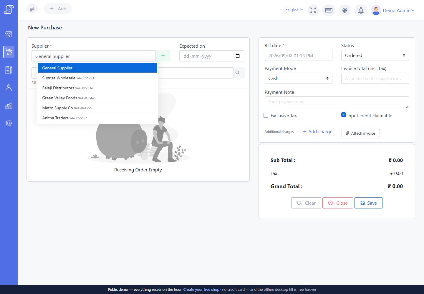 New Purchase screen used by restock workflow