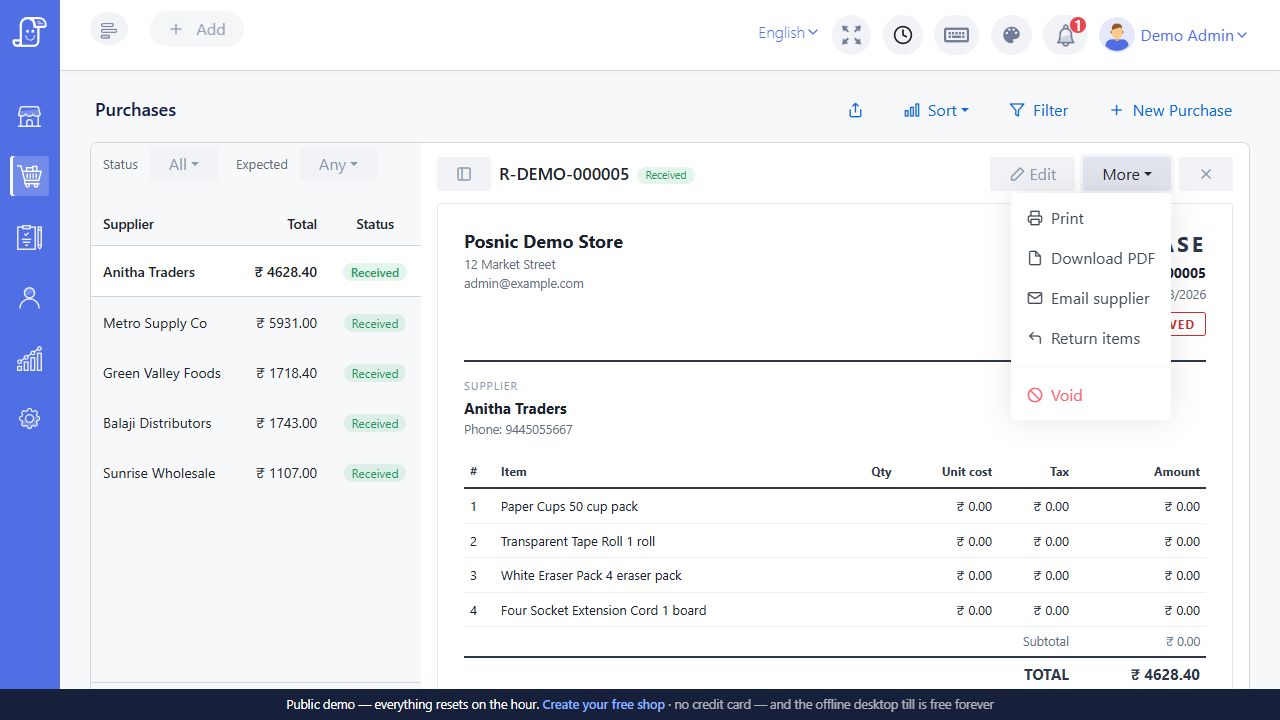 Purchase document action menu showing Print Download PDF Email supplier Return items and Void