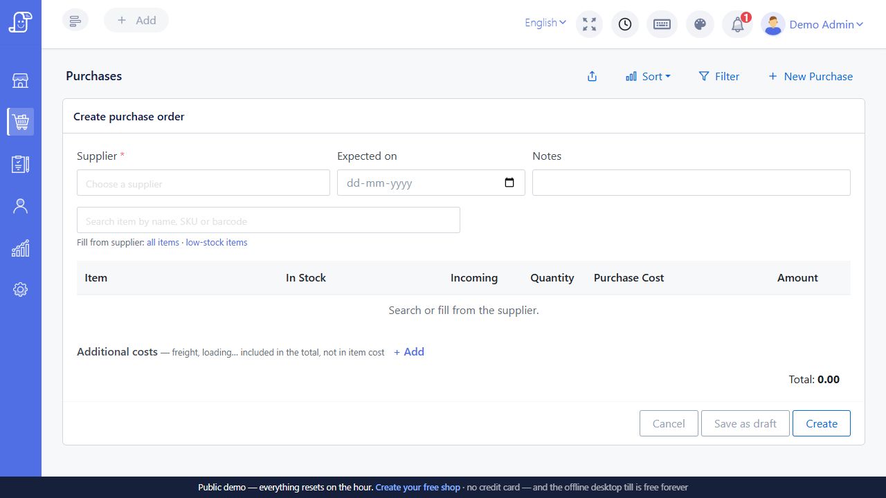 Create purchase order form with supplier expected date notes item search quantity cost and additional costs