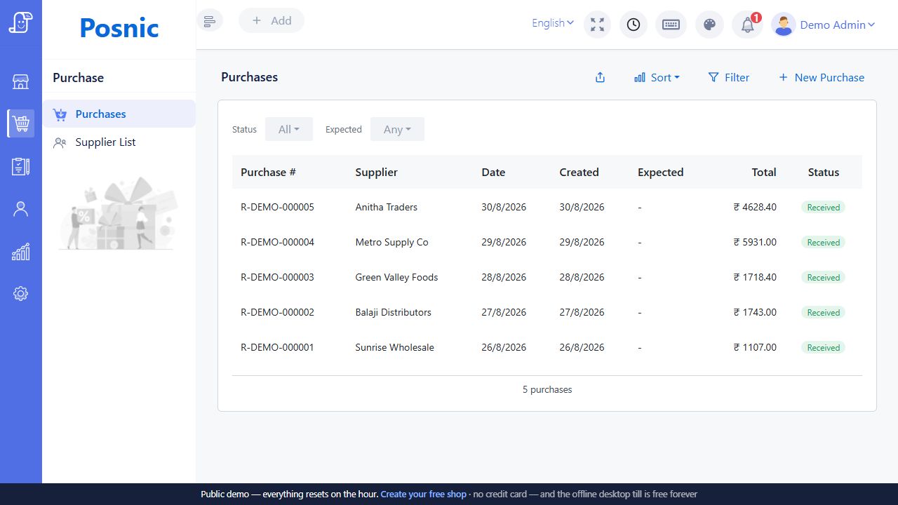 Purchases list showing received purchase order rows and status filters
