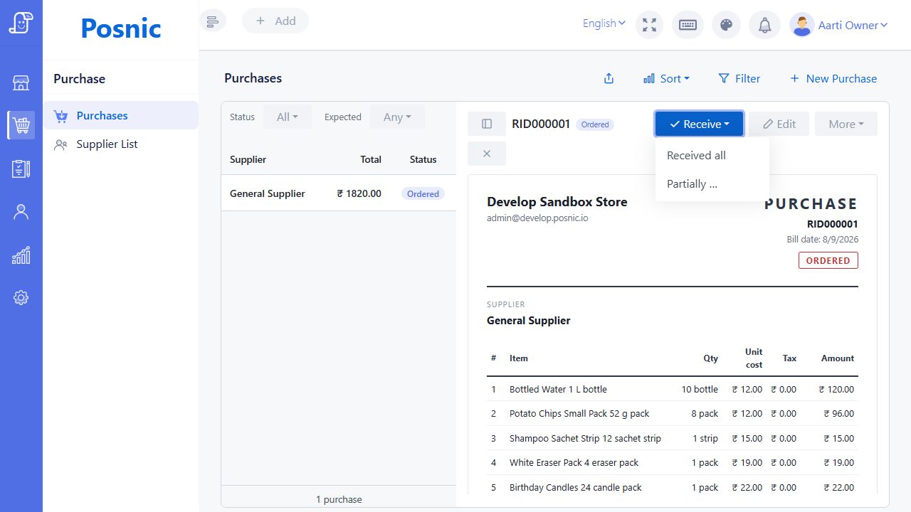 Live Posnic Ordered purchase with the Receive menu open and Received all visible
