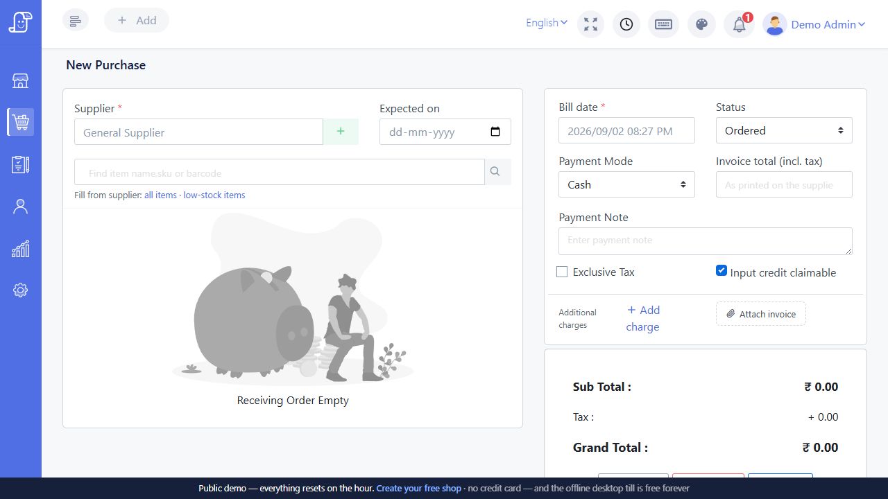 Live Posnic New Purchase screen with supplier and item search