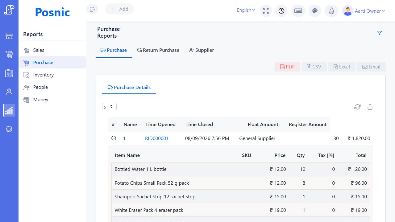 Expanded Posnic purchase report showing item names prices quantities tax and totals