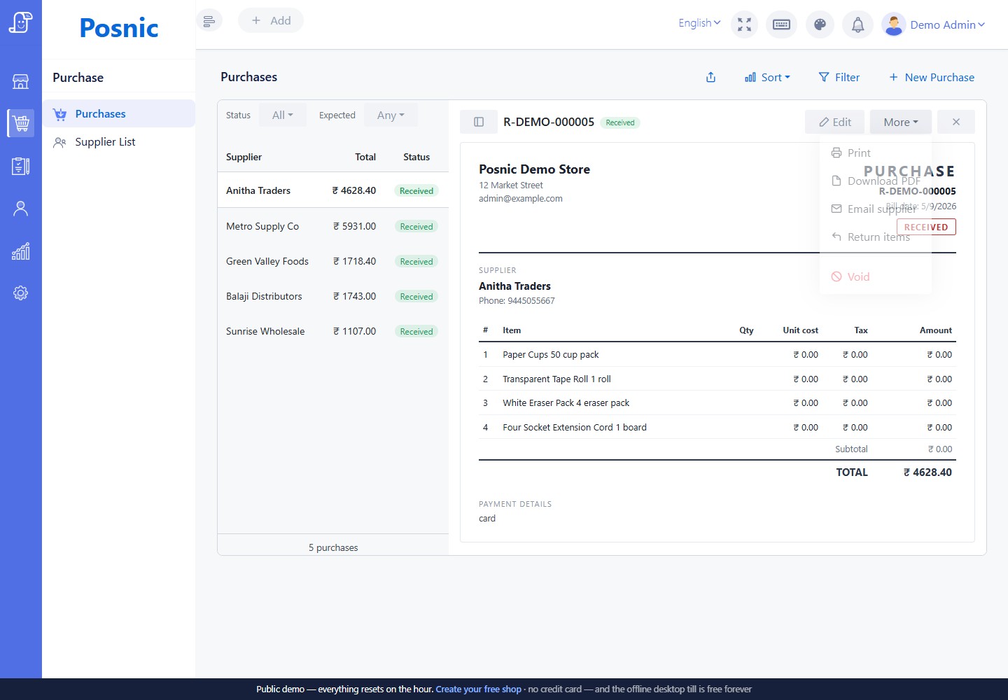 Live Posnic received purchase with the More menu open and Return items action visible