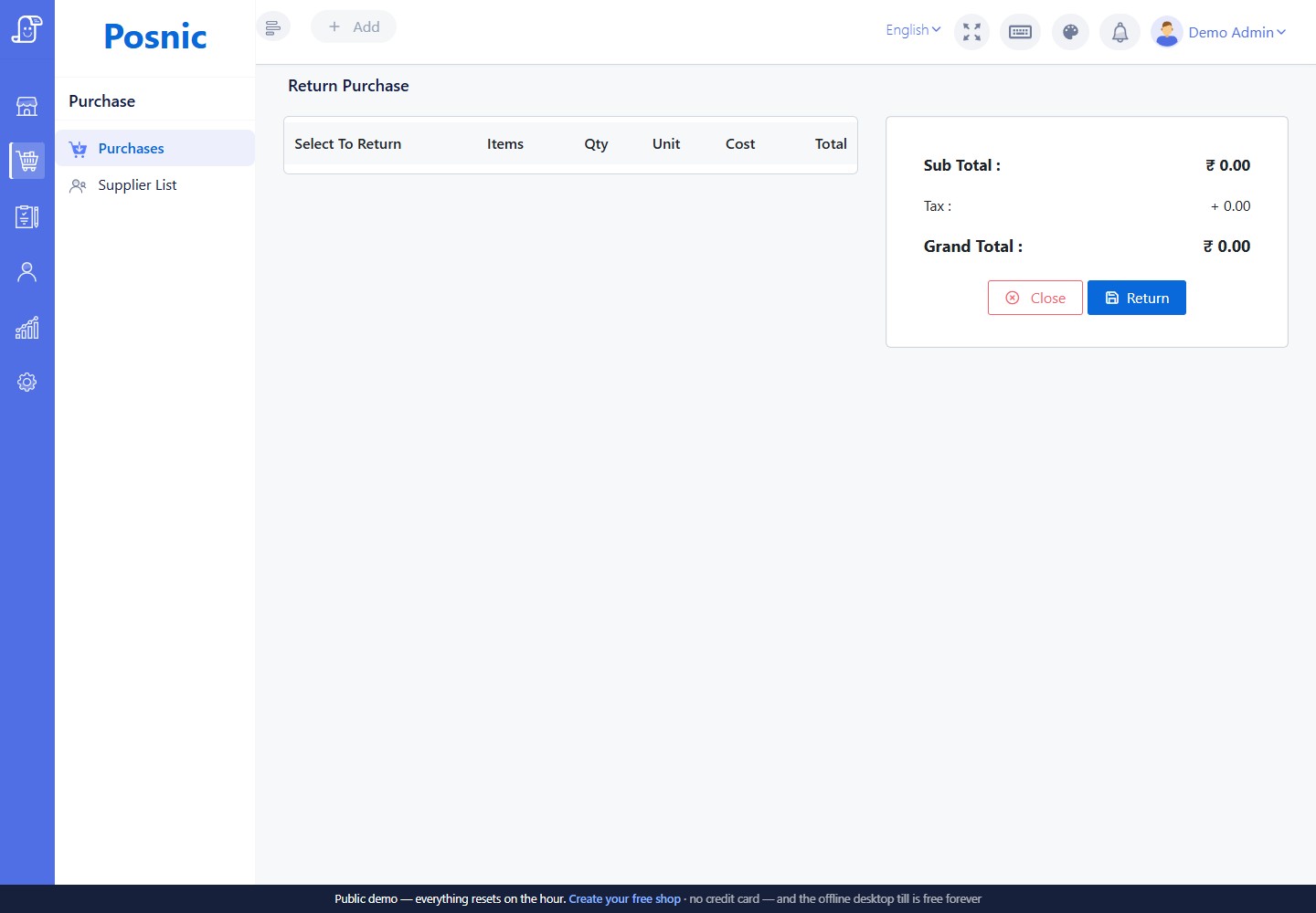 Live Posnic Return Purchase screen with an empty item table and zero totals despite the source purchase containing items
