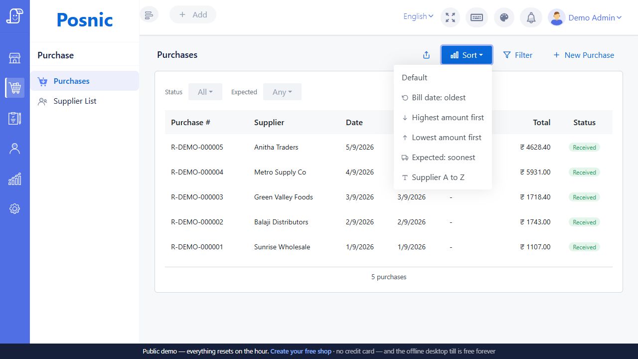Live Posnic Purchases Sort menu with Default oldest bill date highest amount lowest amount expected soonest and supplier A to Z
