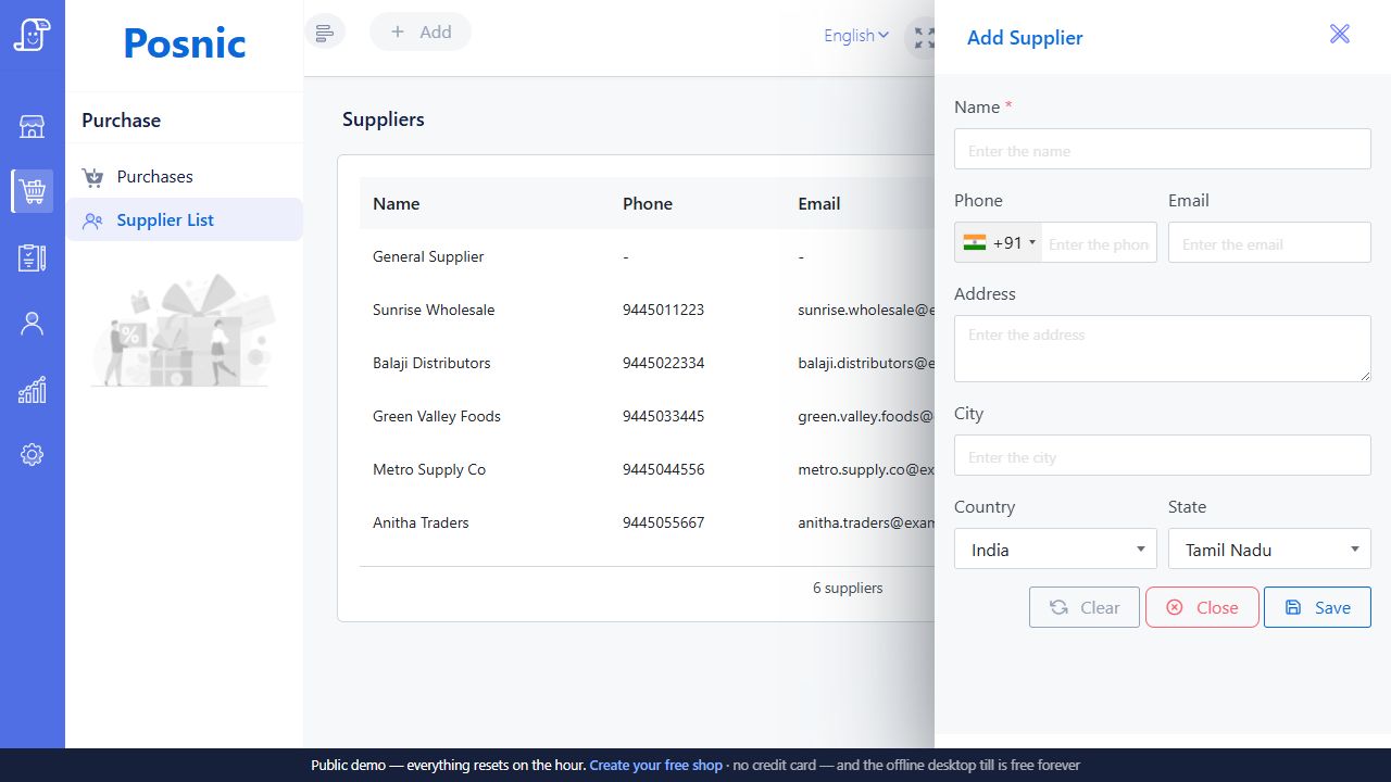 Add Supplier side panel with name phone email address city country state and save controls