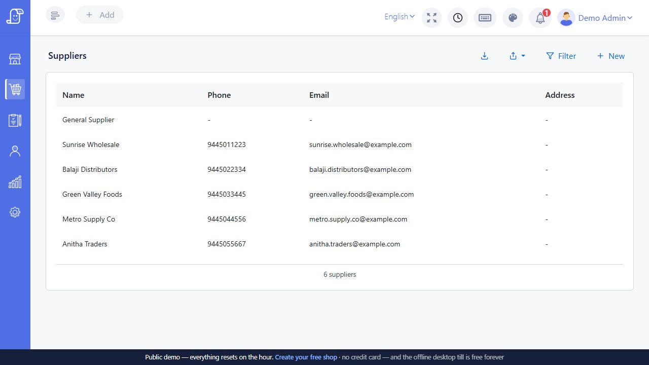 Suppliers list with import export filter and new supplier controls
