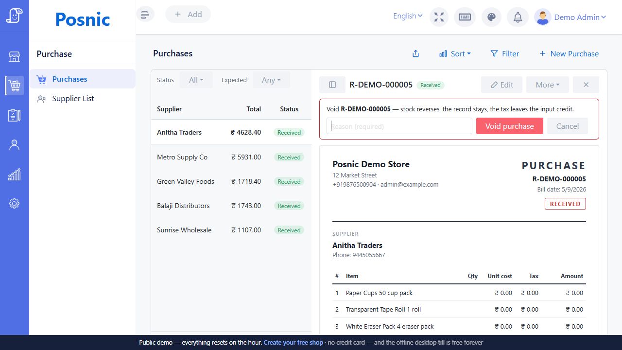 Live Posnic purchase void confirmation strip with required reason field and warning about stock record and tax
