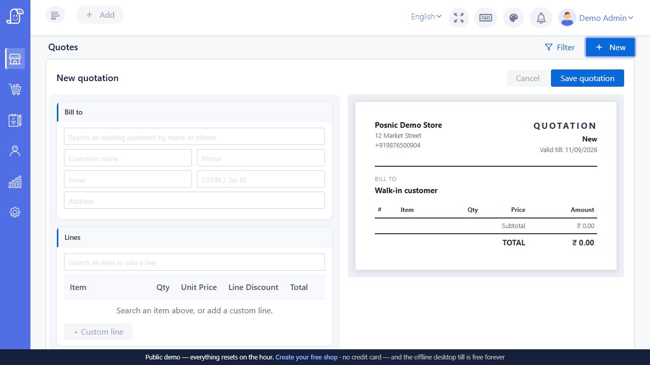 Live quotation editor showing payment details bank details terms notes and authorised signature controls